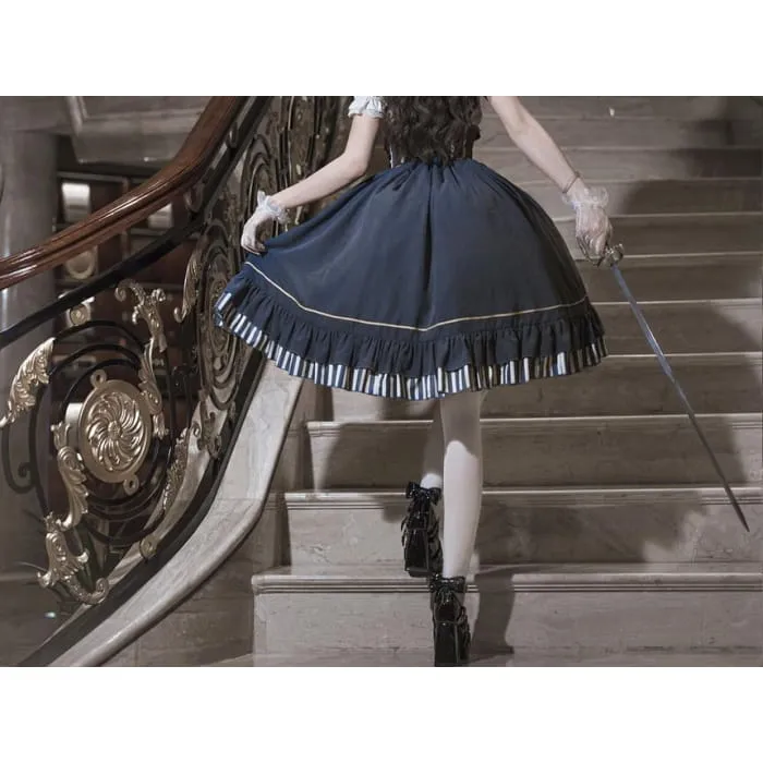 Lolita Puff-Sleeve Plain Lace Trim Ruffle Shirt / Bow Belt / High Waist Graphic Print A-Line Skirt / Set