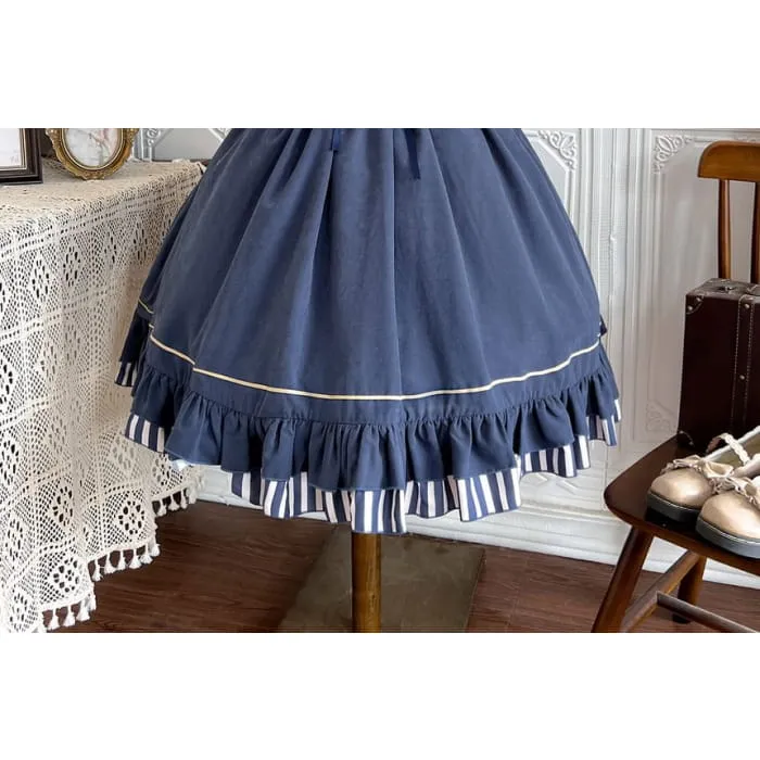 Lolita Puff-Sleeve Plain Lace Trim Ruffle Shirt / Bow Belt / High Waist Graphic Print A-Line Skirt / Set