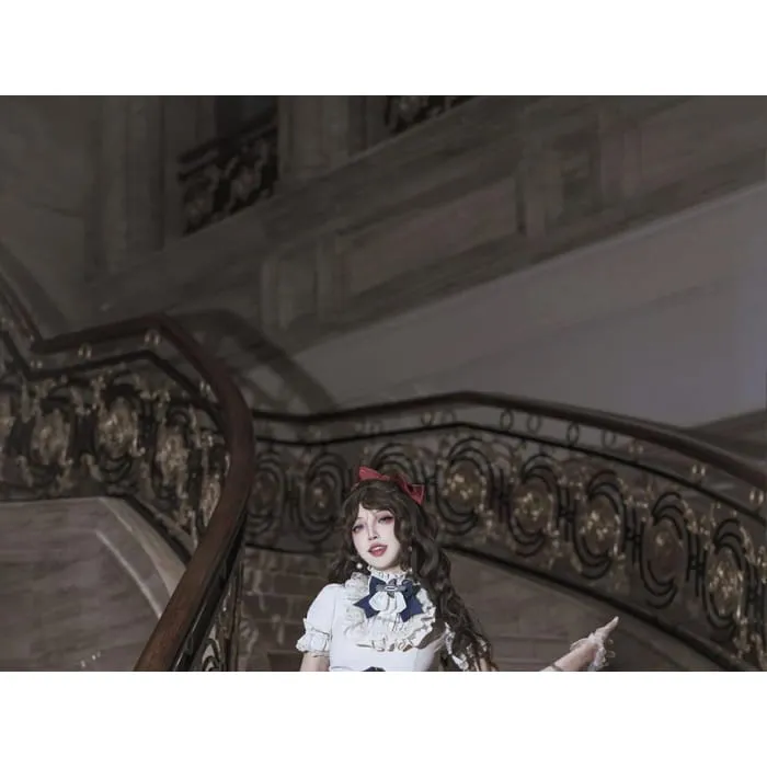 Lolita Puff-Sleeve Plain Lace Trim Ruffle Shirt / Bow Belt / High Waist Graphic Print A-Line Skirt / Set