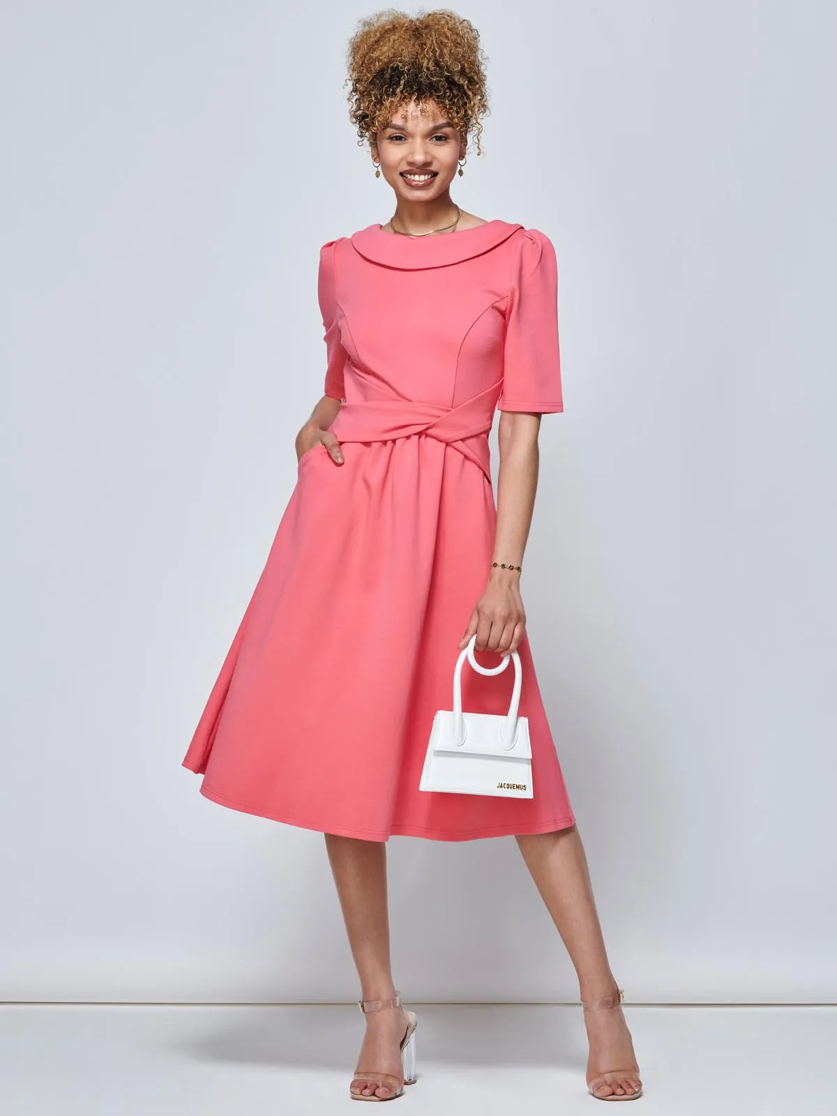 Maayan Fold Neck Dress, Coral