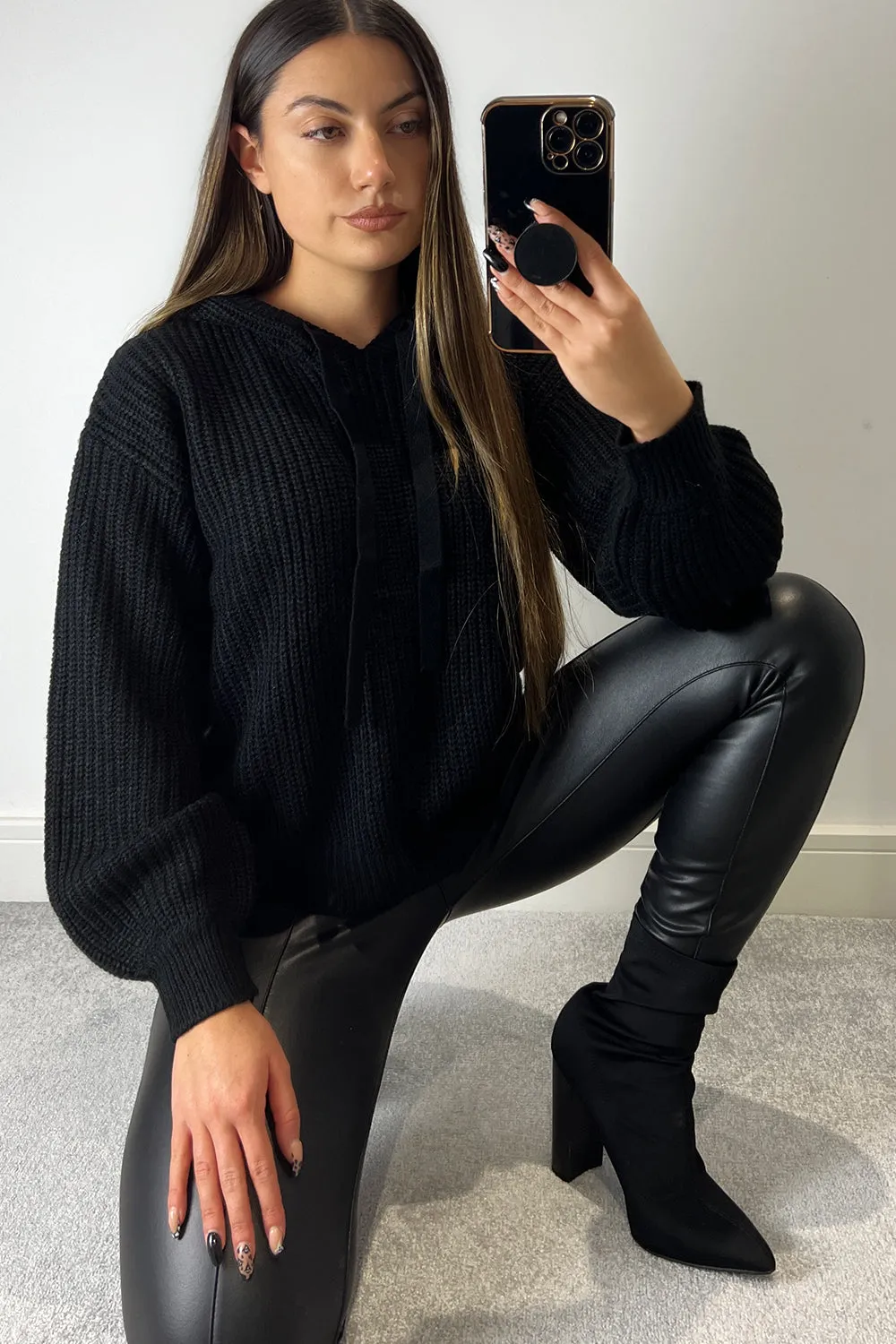 Maxine Black Drawstring Knitted Hoodie
