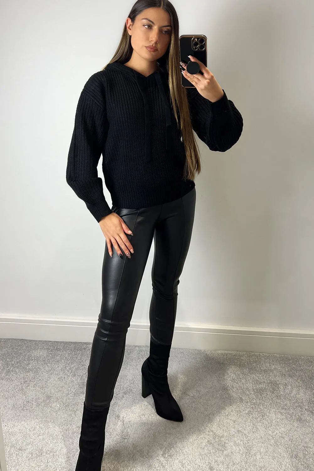 Maxine Black Drawstring Knitted Hoodie
