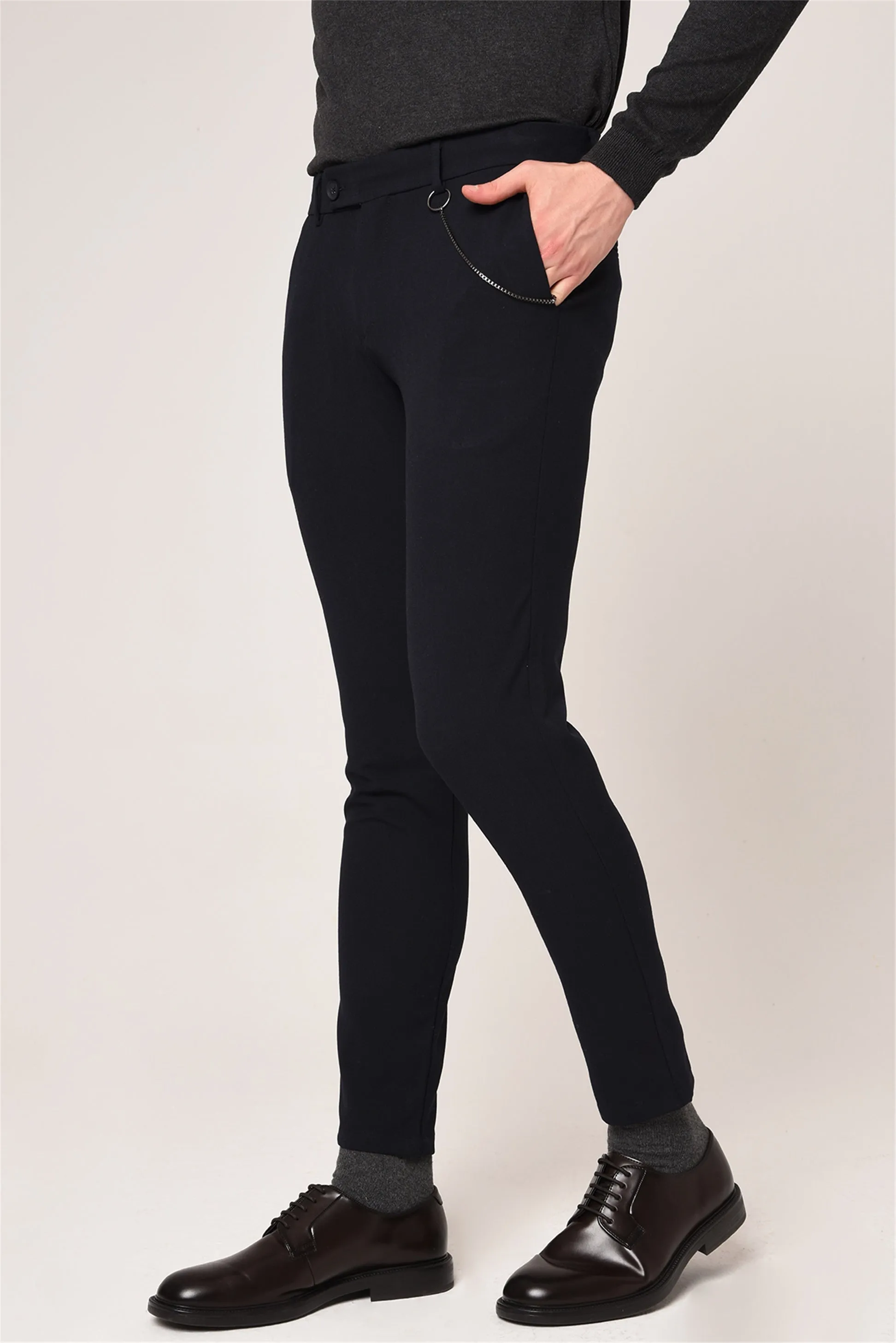 Men's Dark Navy Blue Slim Fit Straight Accessory Fabric Trousers - Wessi