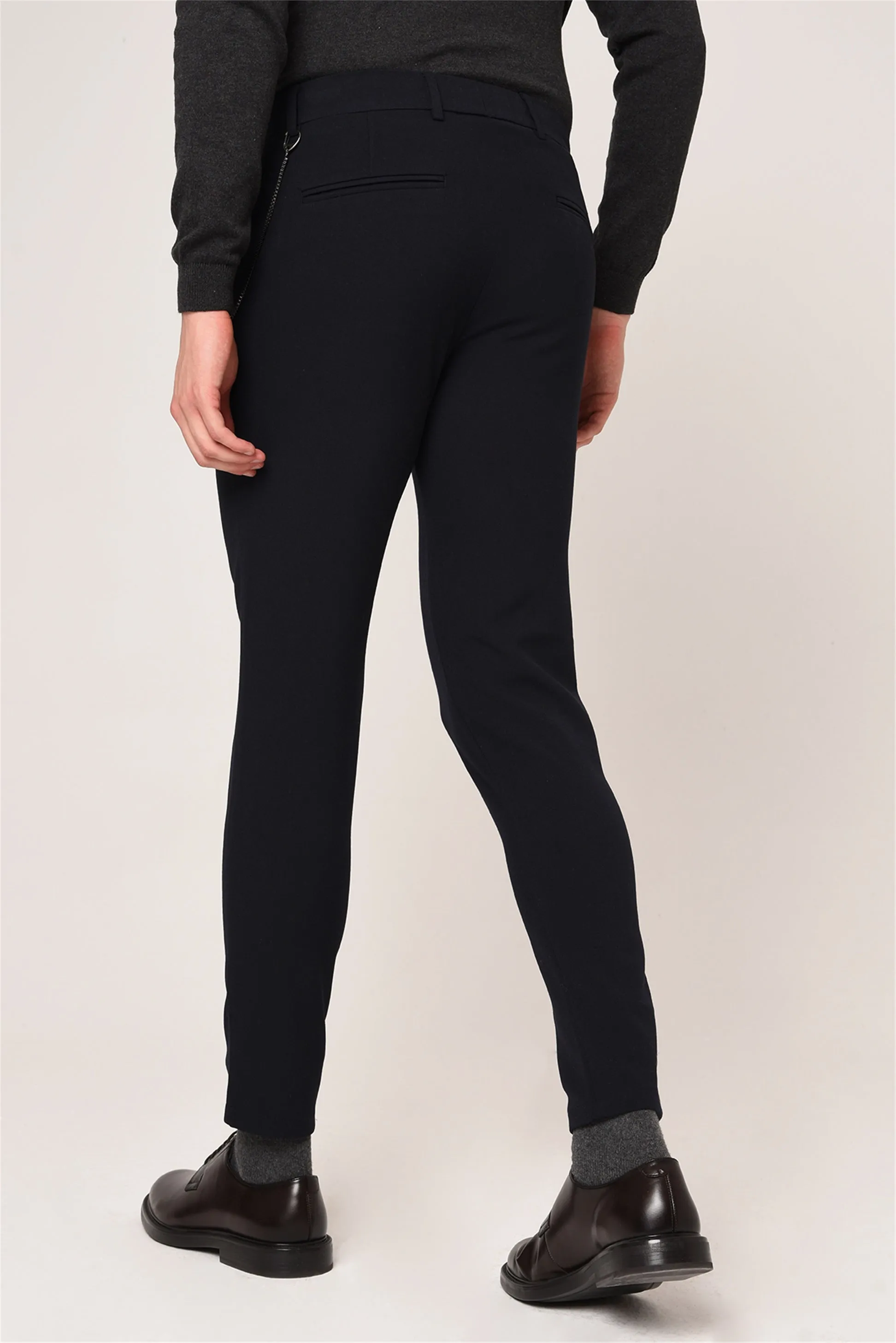 Men's Dark Navy Blue Slim Fit Straight Accessory Fabric Trousers - Wessi