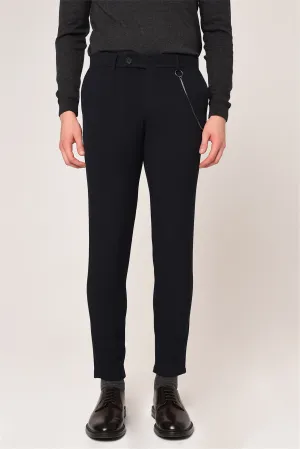 Men's Dark Navy Blue Slim Fit Straight Accessory Fabric Trousers - Wessi