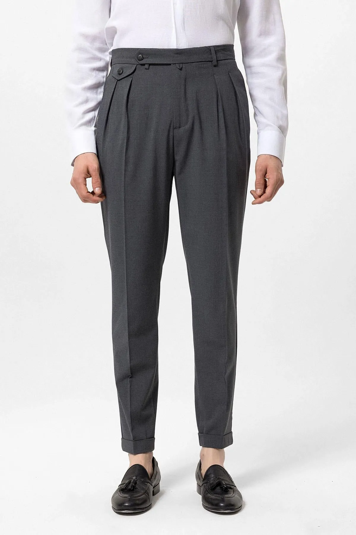 Men's Grey Pleated High-Waisted  Pants - Wessi
