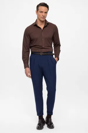 Men's Light Navy Blue High Waist Belted Trousers - Wessi