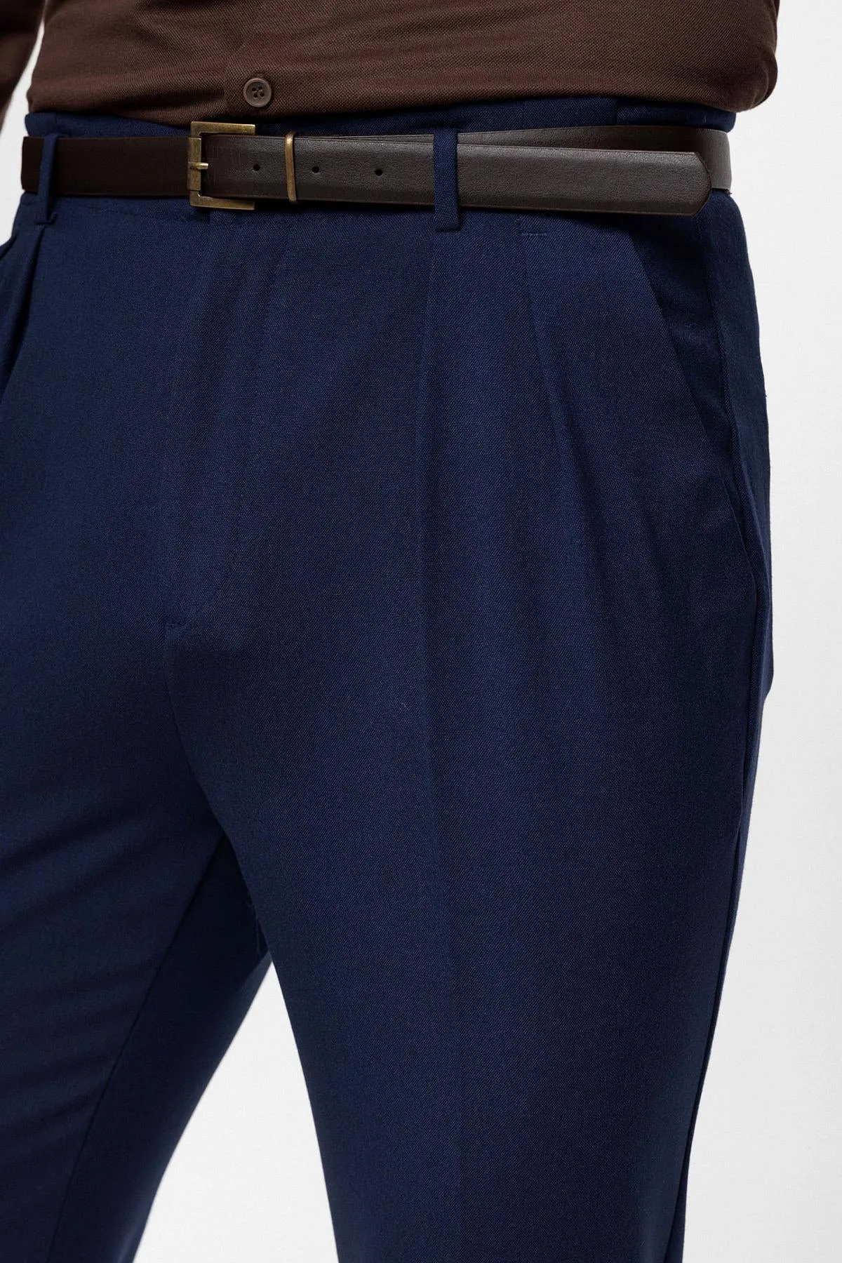 Men's Light Navy Blue High Waist Belted Trousers - Wessi