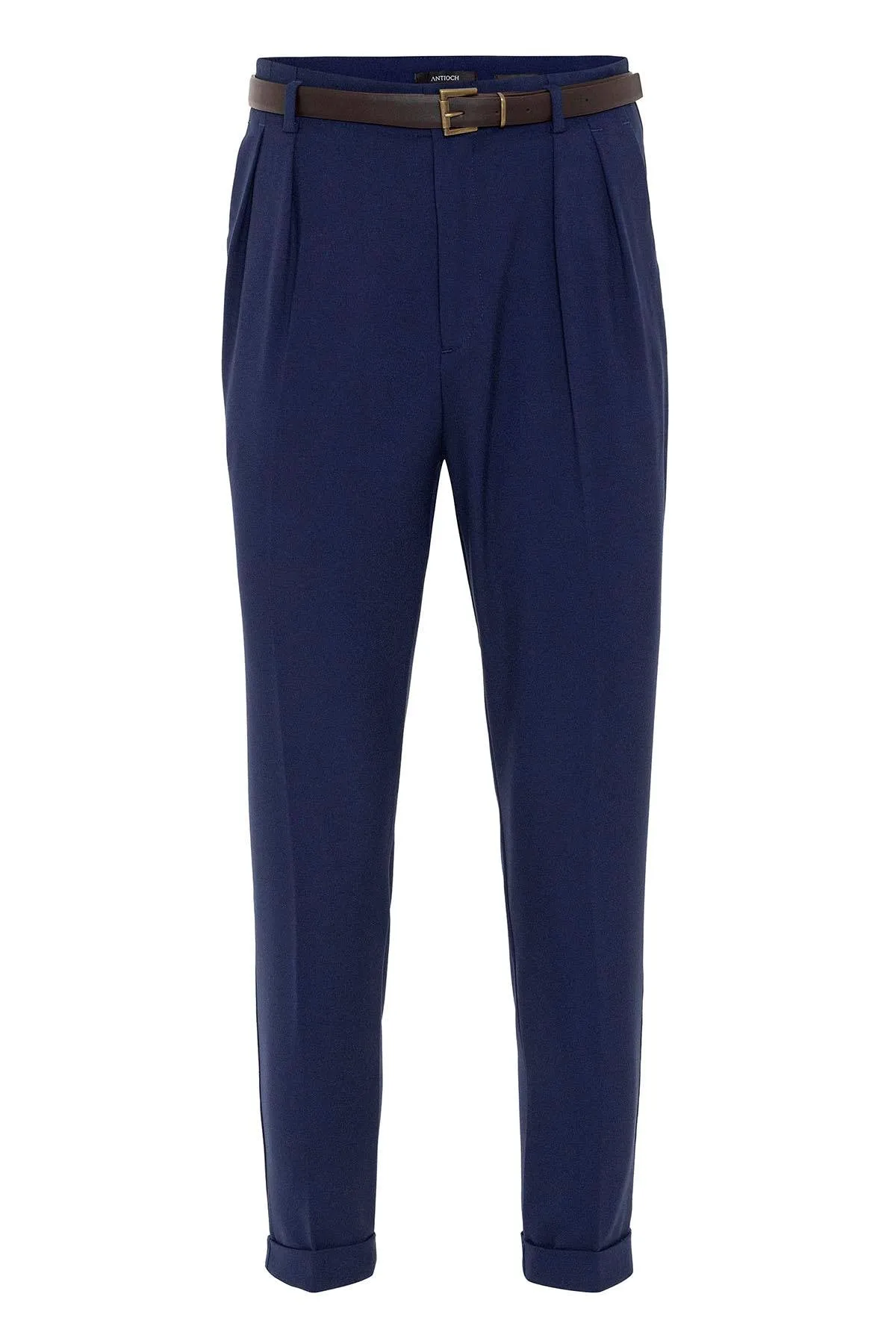 Men's Light Navy Blue High Waist Belted Trousers - Wessi