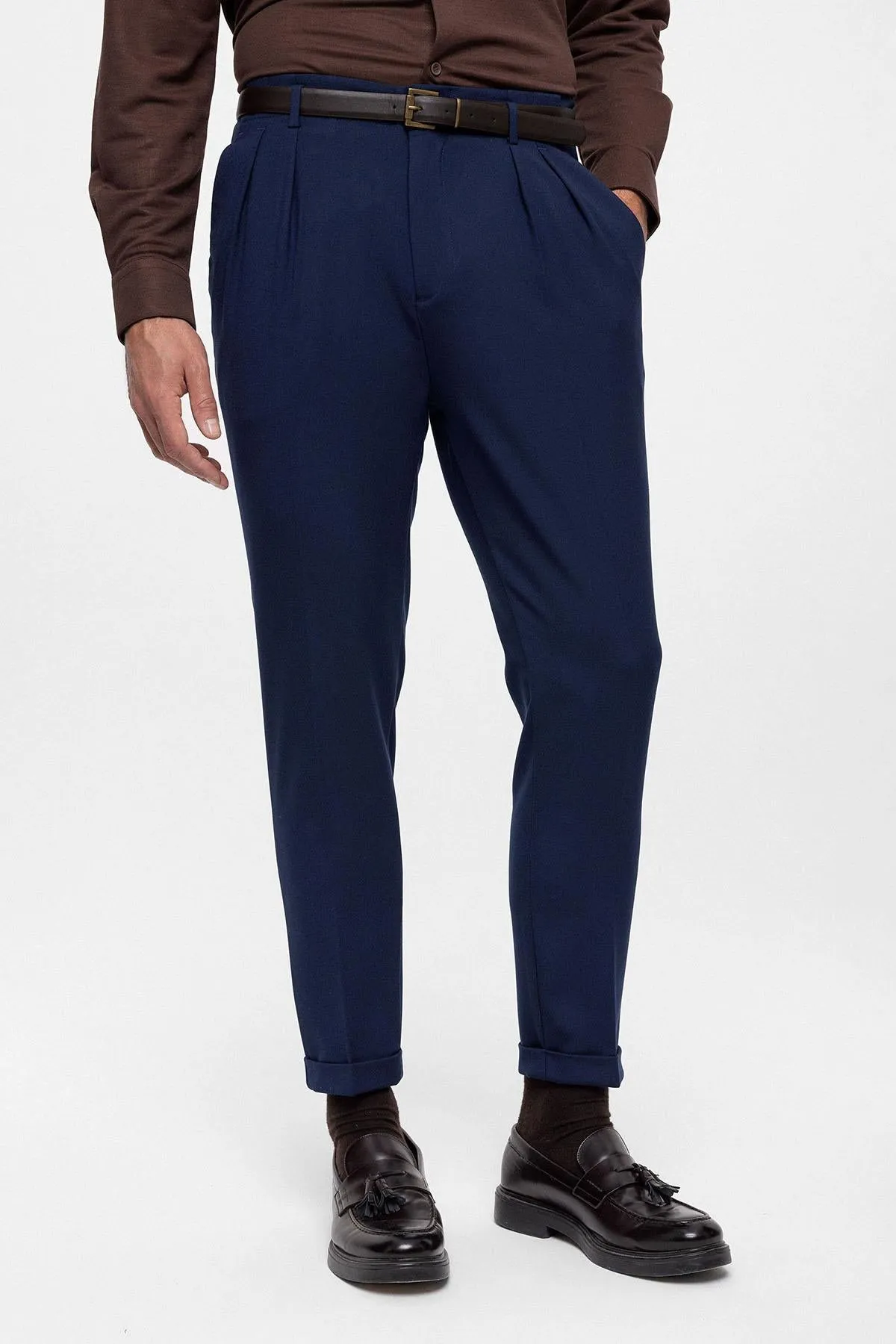 Men's Light Navy Blue High Waist Belted Trousers - Wessi
