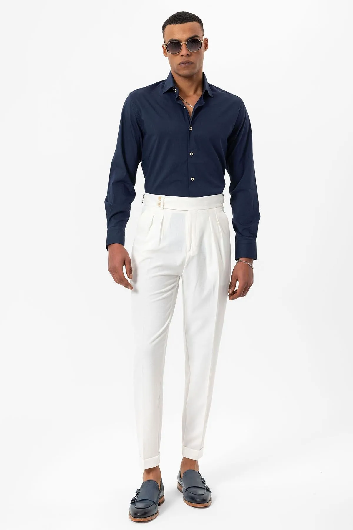 Men's White High-Waist Pleated Textured Pants - Wessi