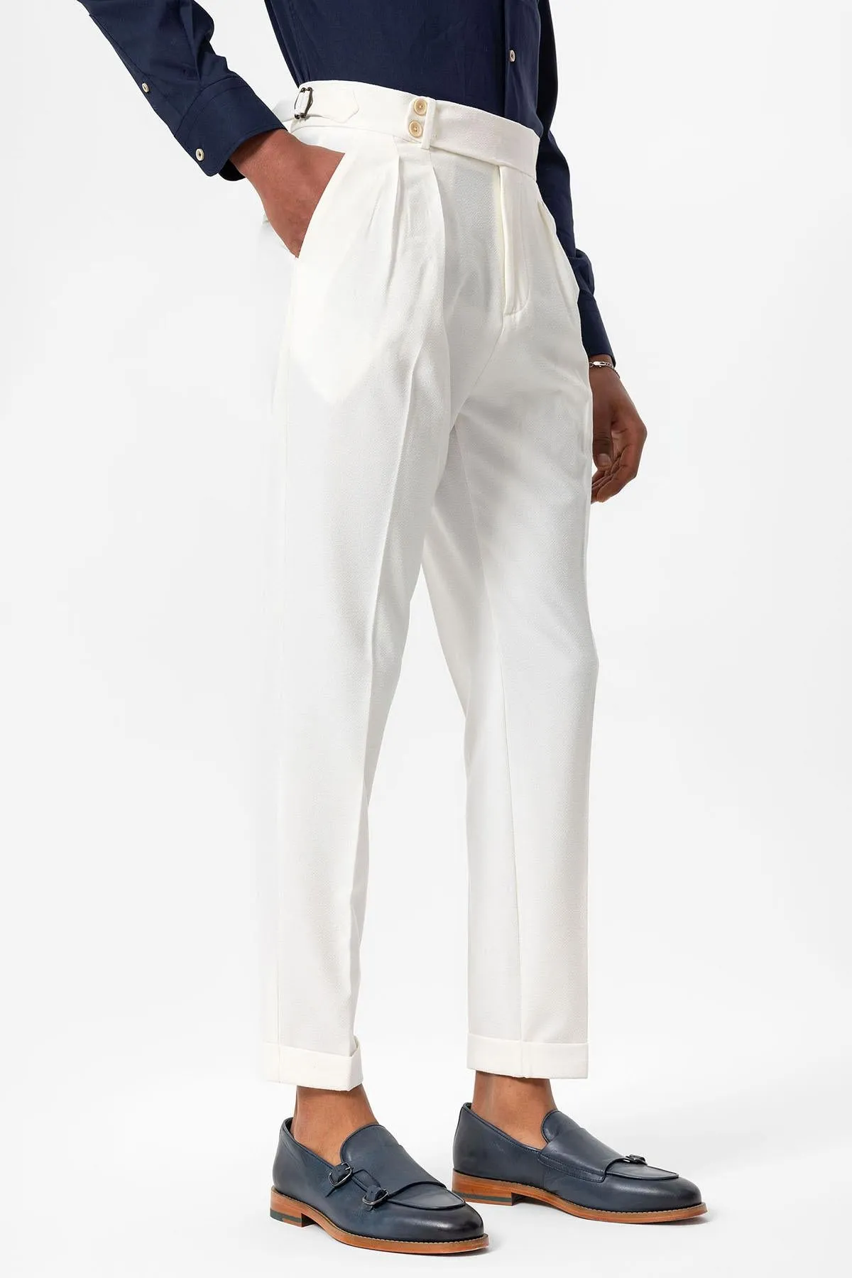 Men's White High-Waist Pleated Textured Pants - Wessi