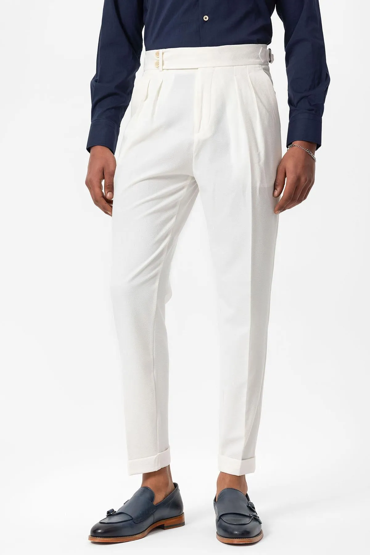 Men's White High-Waist Pleated Textured Pants - Wessi