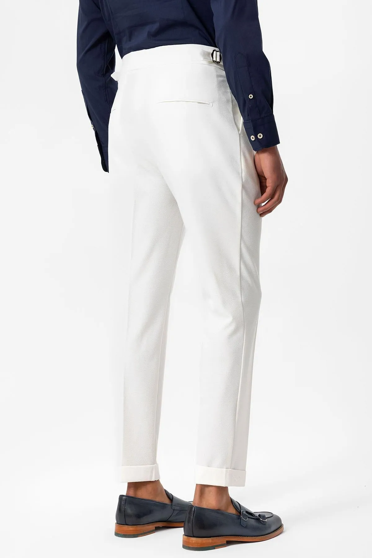Men's White High-Waist Pleated Textured Pants - Wessi