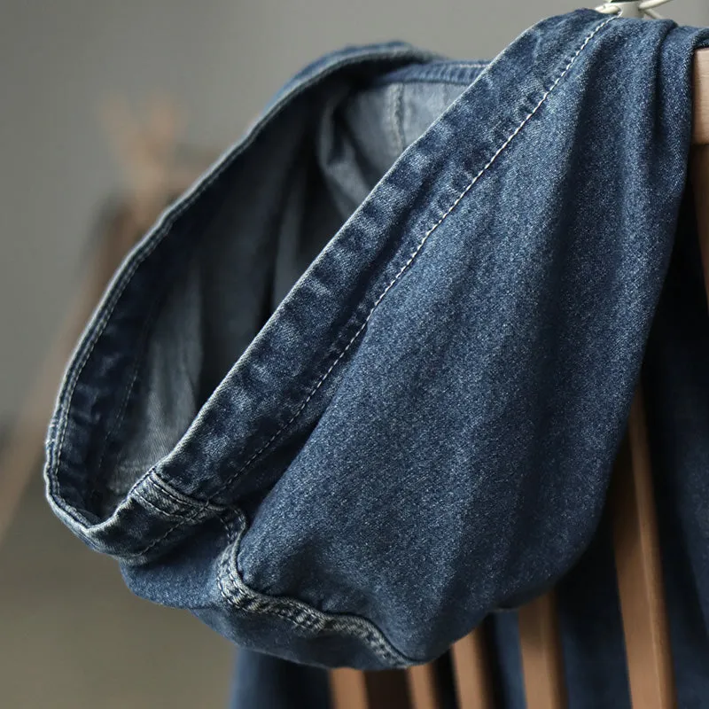 Oversized Big Pocket Retro Loose Denim Hoodie