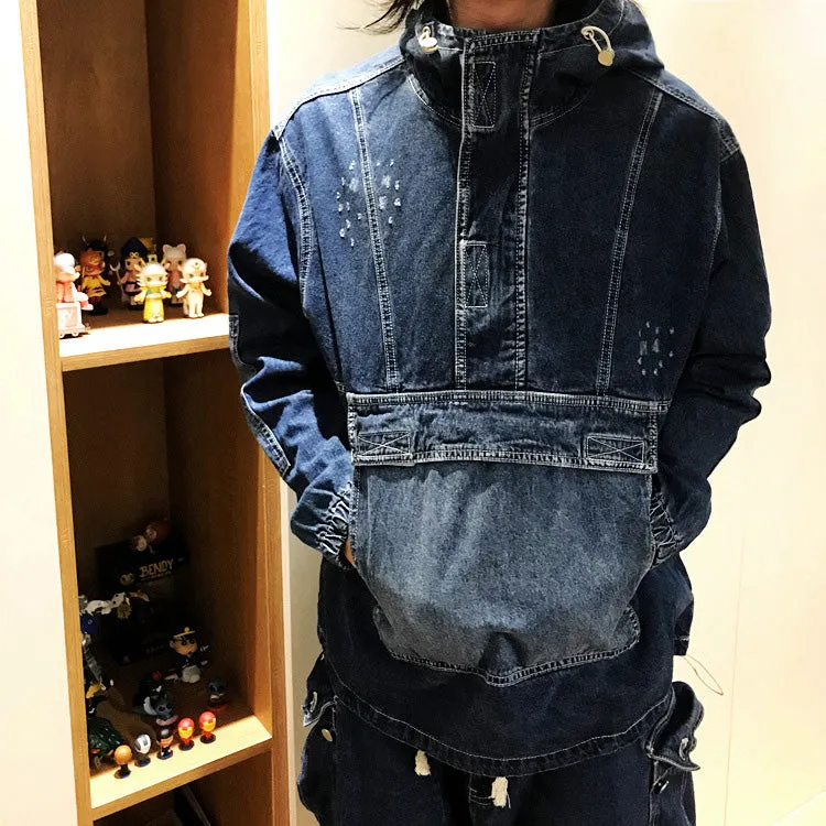 Oversized Big Pocket Retro Loose Denim Hoodie
