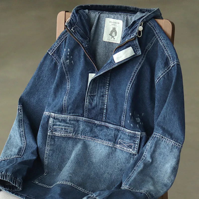 Oversized Big Pocket Retro Loose Denim Hoodie