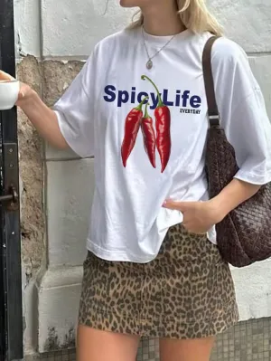 Oversized Chili Graphic Print Short Sleeve Casual Round Neck T-Shirt For Women