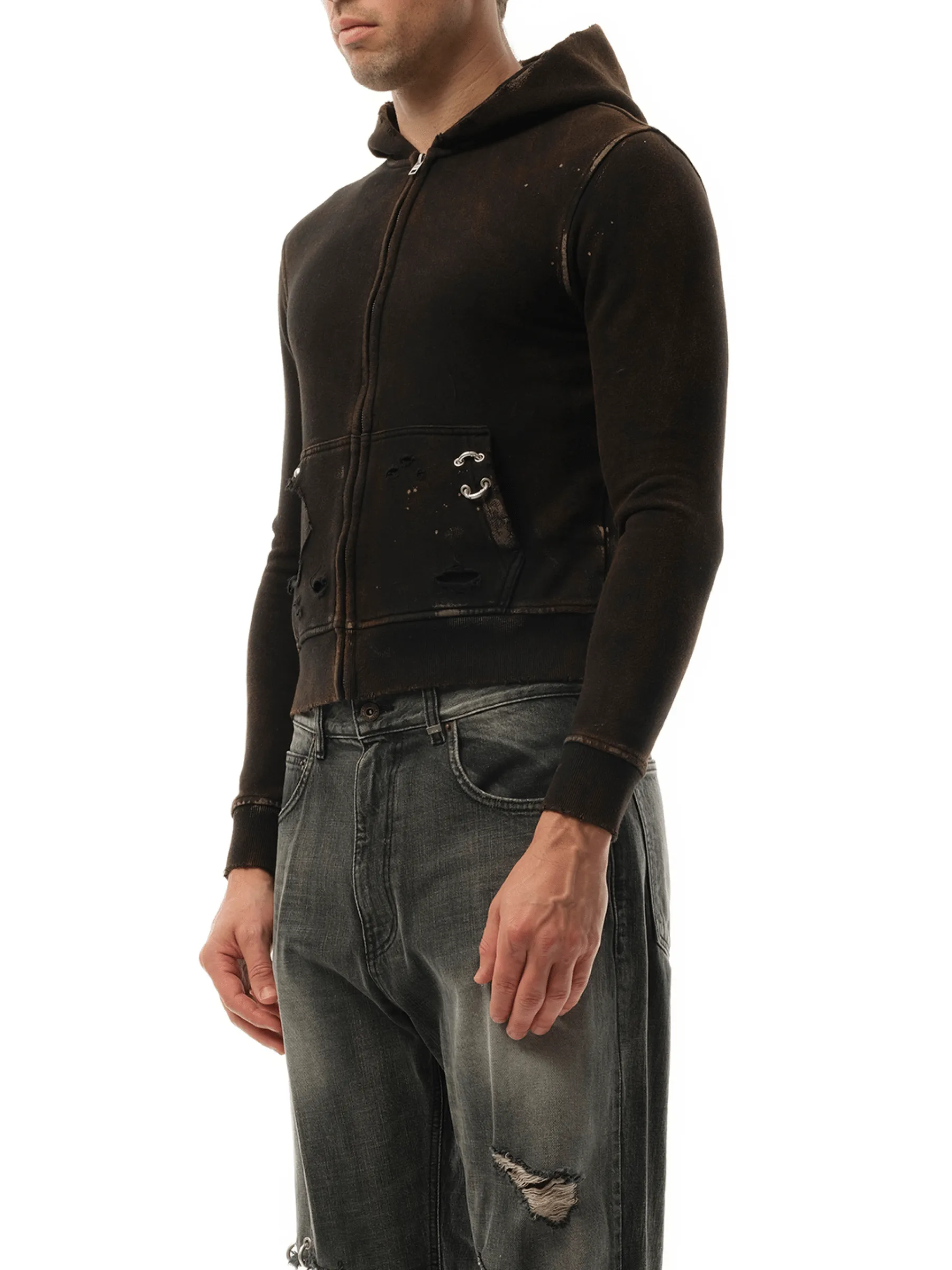 Piercing Detail Hoodie Zip-Up in Black