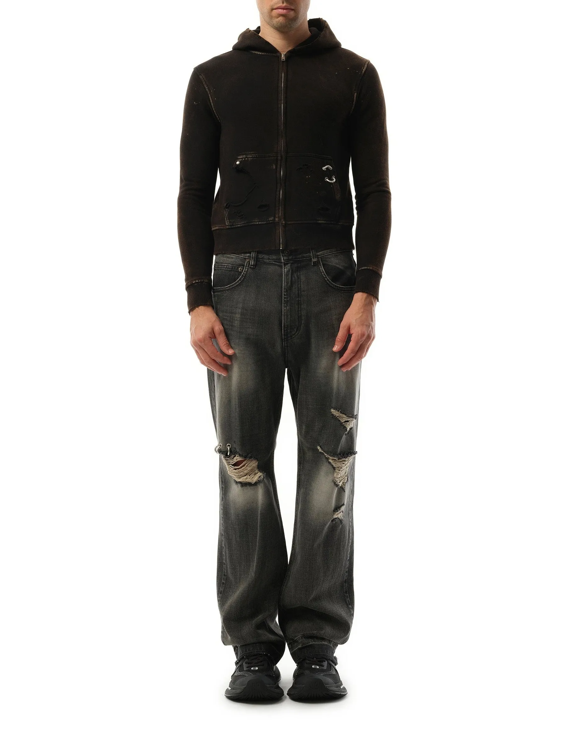 Piercing Detail Hoodie Zip-Up in Black