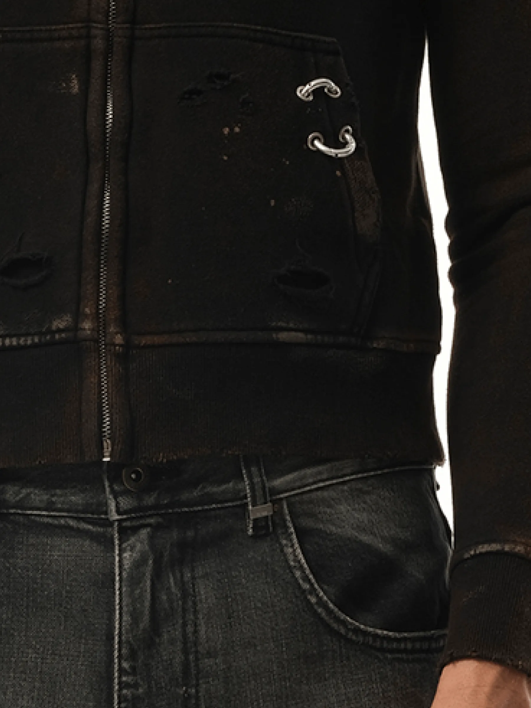 Piercing Detail Hoodie Zip-Up in Black