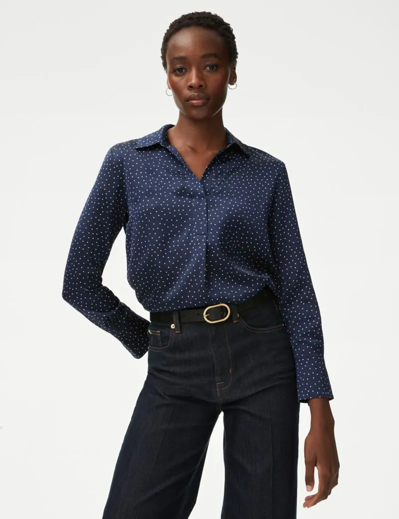 Polka Dot Collared Popover Blouse