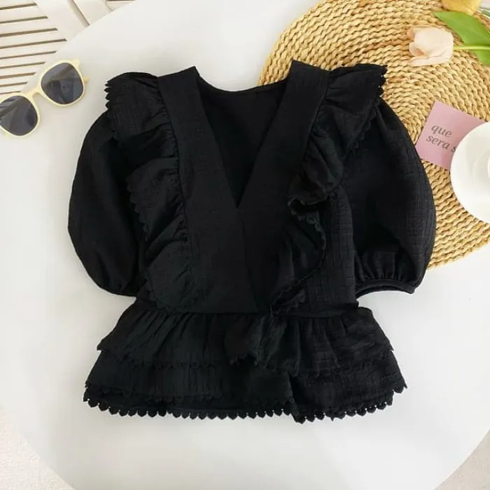 Puff Sleeve V-Neck Plain Ruffle Blouse