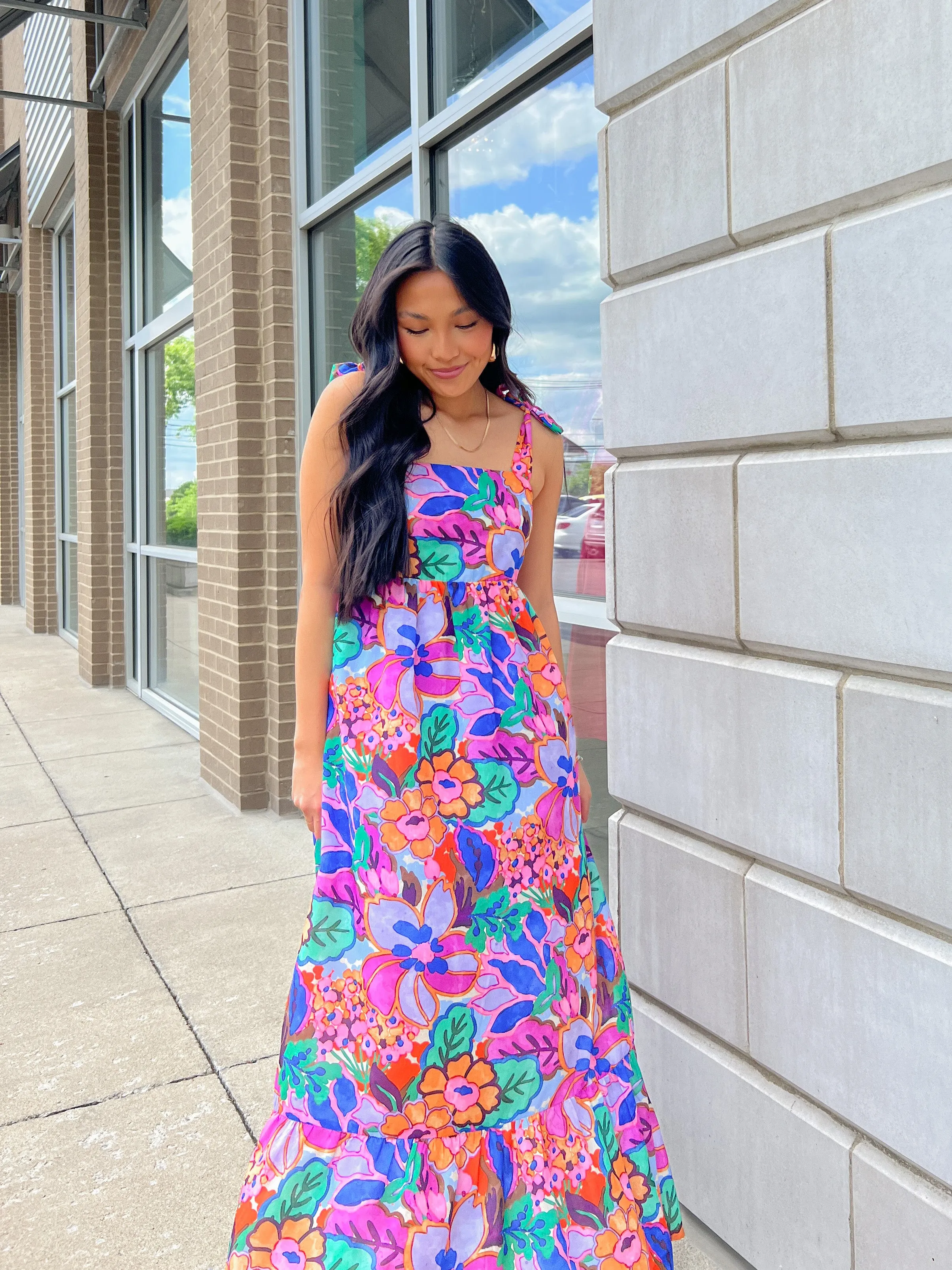 Purple Floral Print Tie Top Maxi Dress