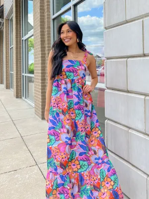 Purple Floral Print Tie Top Maxi Dress