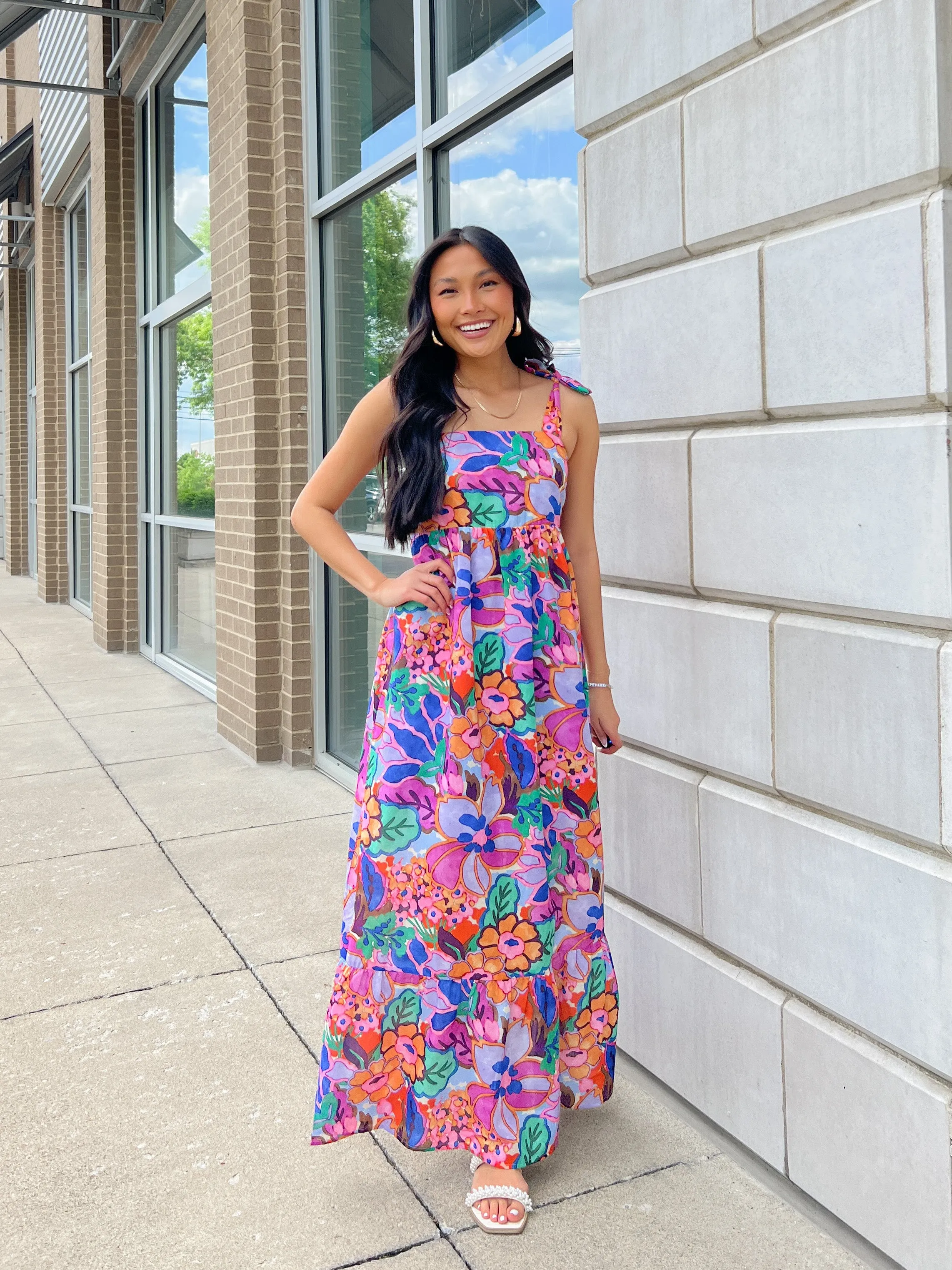 Purple Floral Print Tie Top Maxi Dress