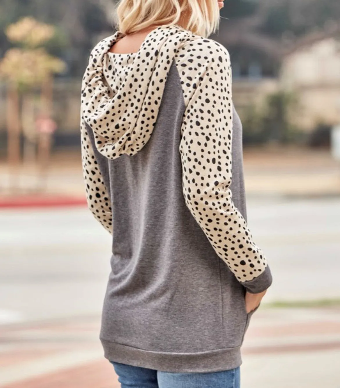 "Mila" Two Tone Print Sleeve Hoodie Grey Final Sale