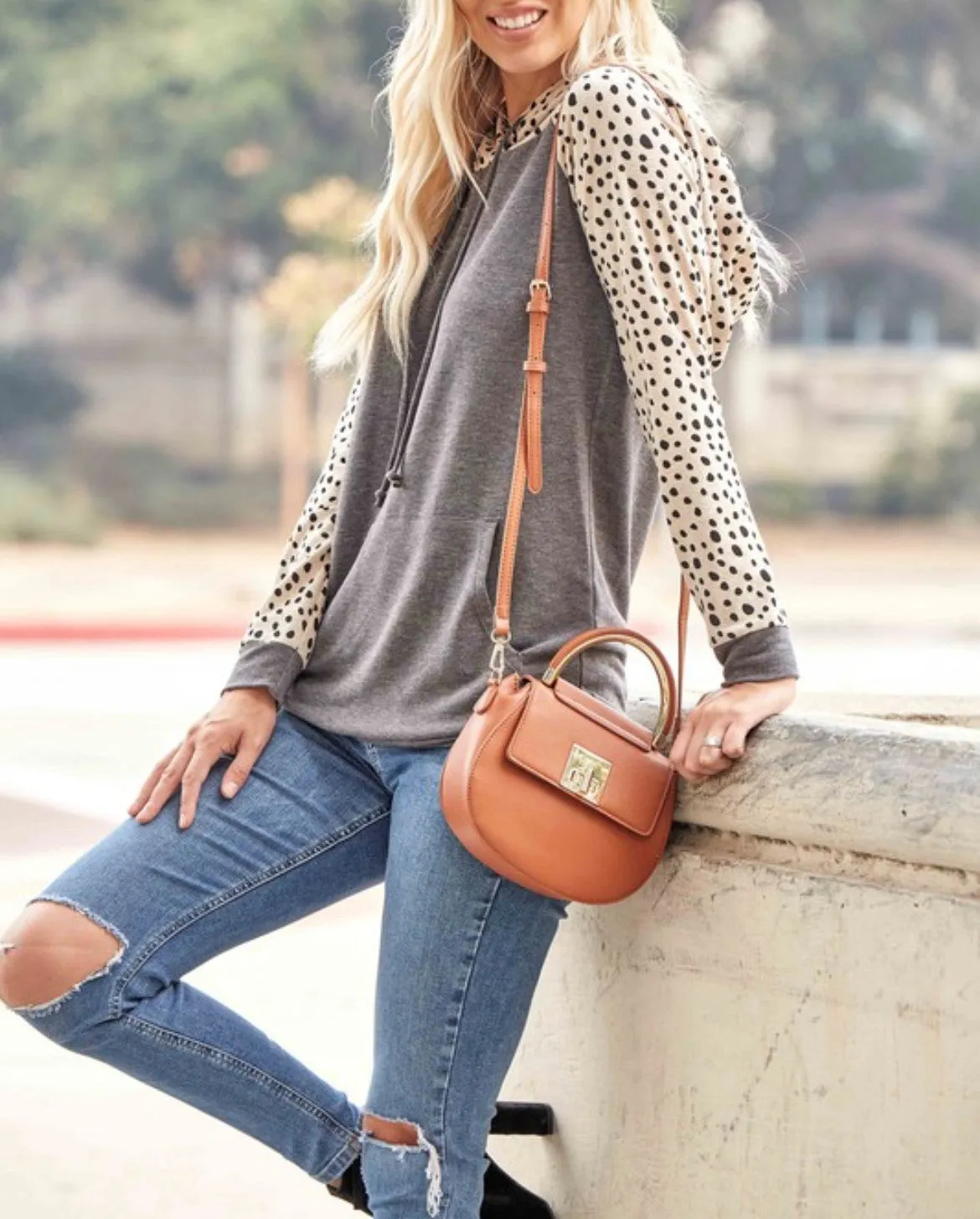 "Mila" Two Tone Print Sleeve Hoodie Grey Final Sale