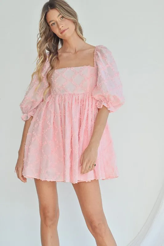 Ribbon Texture 3/4 Slv Babydoll Dress