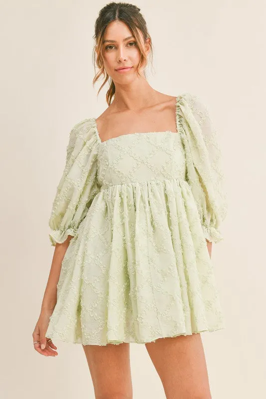 Ribbon Texture 3/4 Slv Babydoll Dress