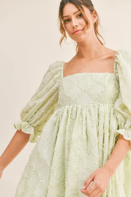 Ribbon Texture 3/4 Slv Babydoll Dress