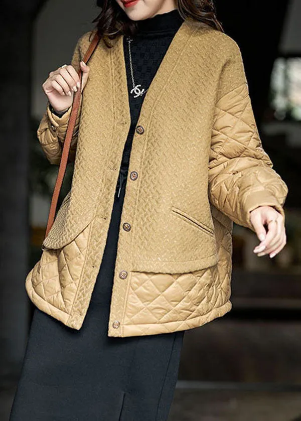 Simple Khaki V Neck Patchwork Fine Cotton Filled Women Witner Coats