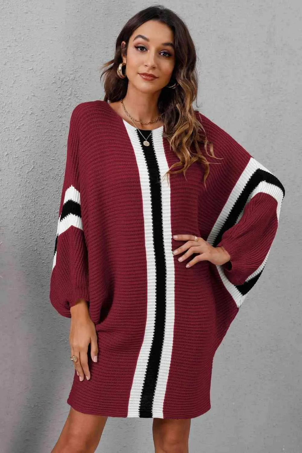 Stylishly Warm Rib Knit Dolman Sleeve Sweater Dress