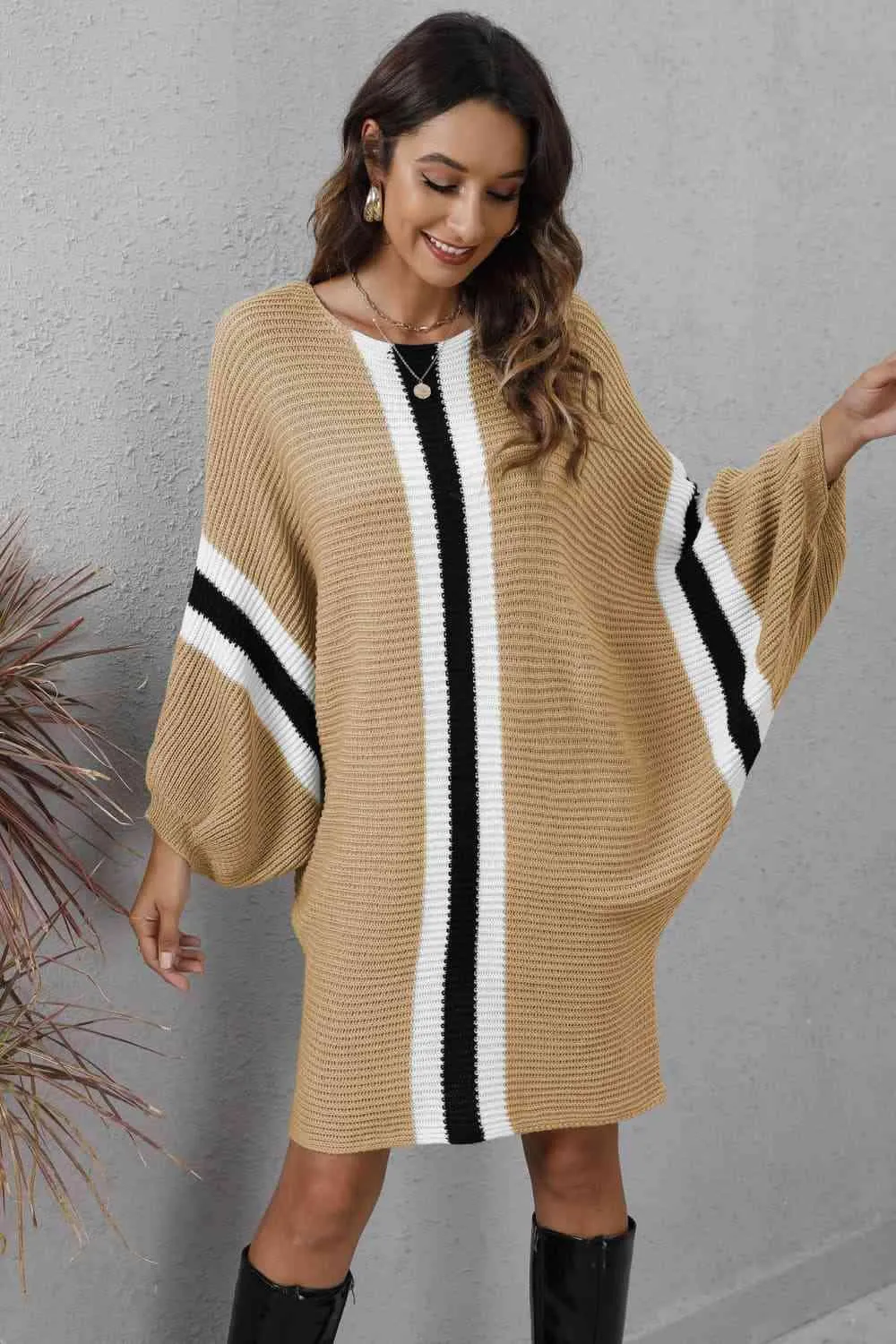 Stylishly Warm Rib Knit Dolman Sleeve Sweater Dress
