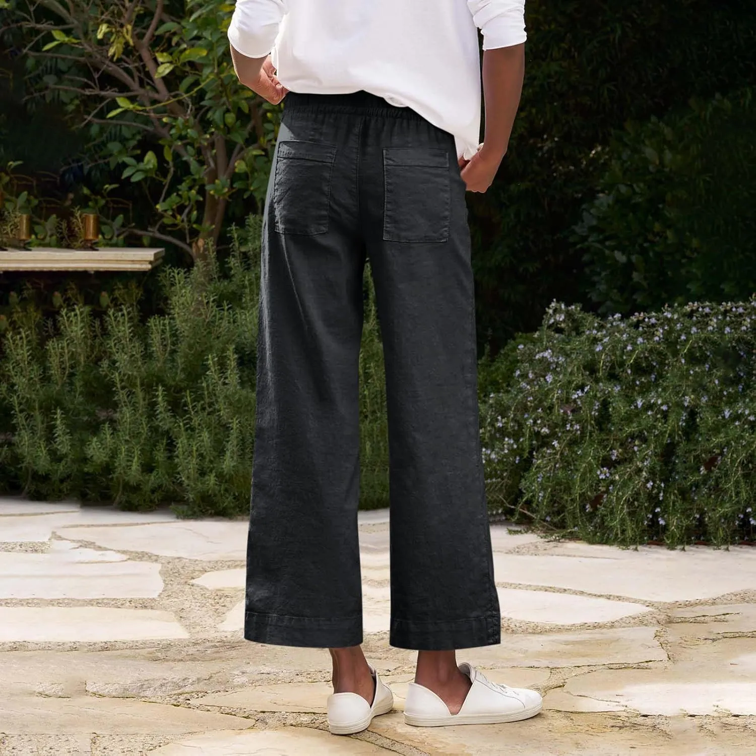 Summer Pants for Women Trendy Linen Elastic Vacation Beach Pants Wide Leg High Rise Solid Trendy Trousers with Pockets