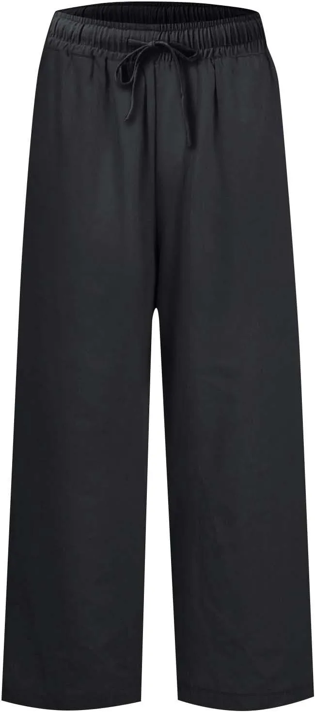 Summer Pants for Women Trendy Linen Elastic Vacation Beach Pants Wide Leg High Rise Solid Trendy Trousers with Pockets