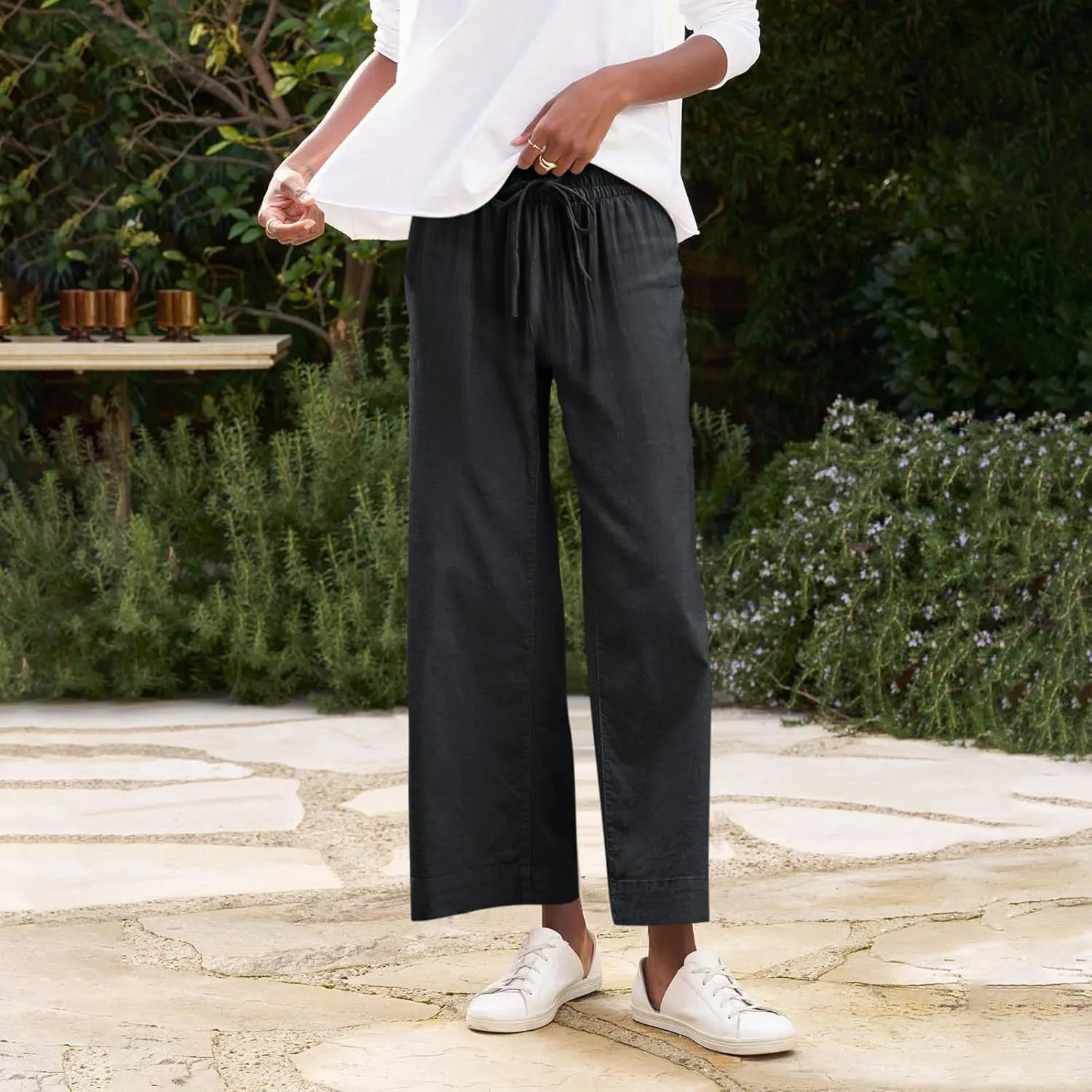 Summer Pants for Women Trendy Linen Elastic Vacation Beach Pants Wide Leg High Rise Solid Trendy Trousers with Pockets