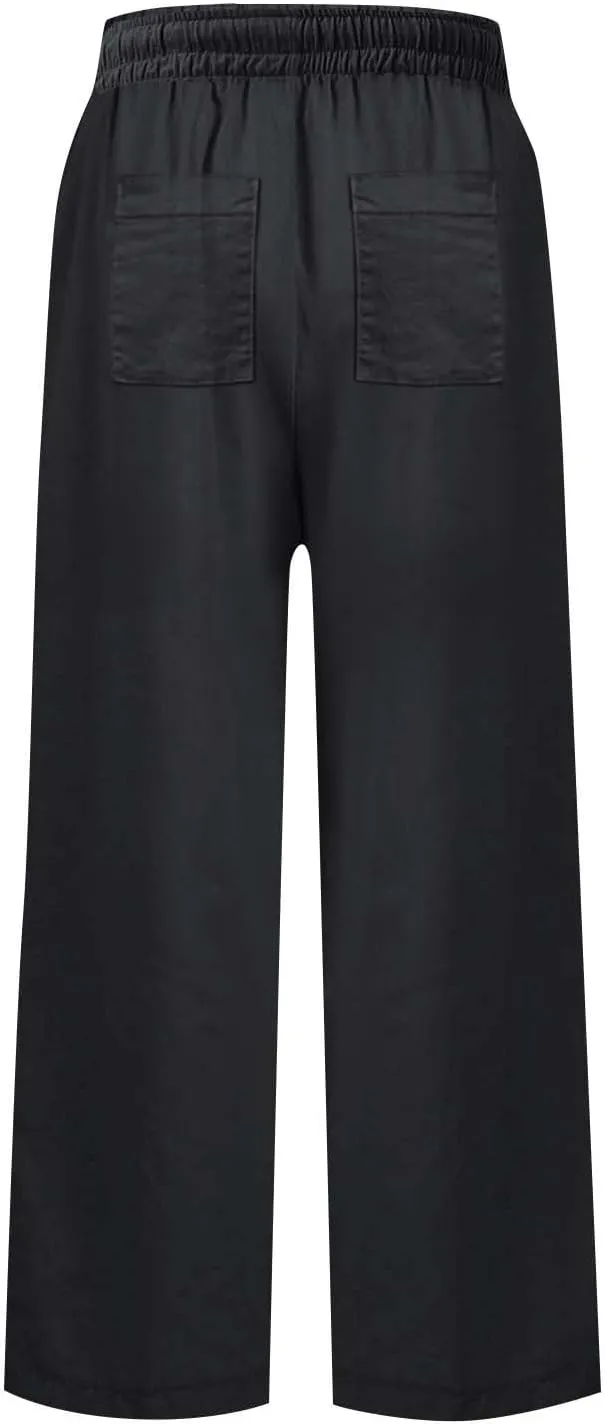 Summer Pants for Women Trendy Linen Elastic Vacation Beach Pants Wide Leg High Rise Solid Trendy Trousers with Pockets