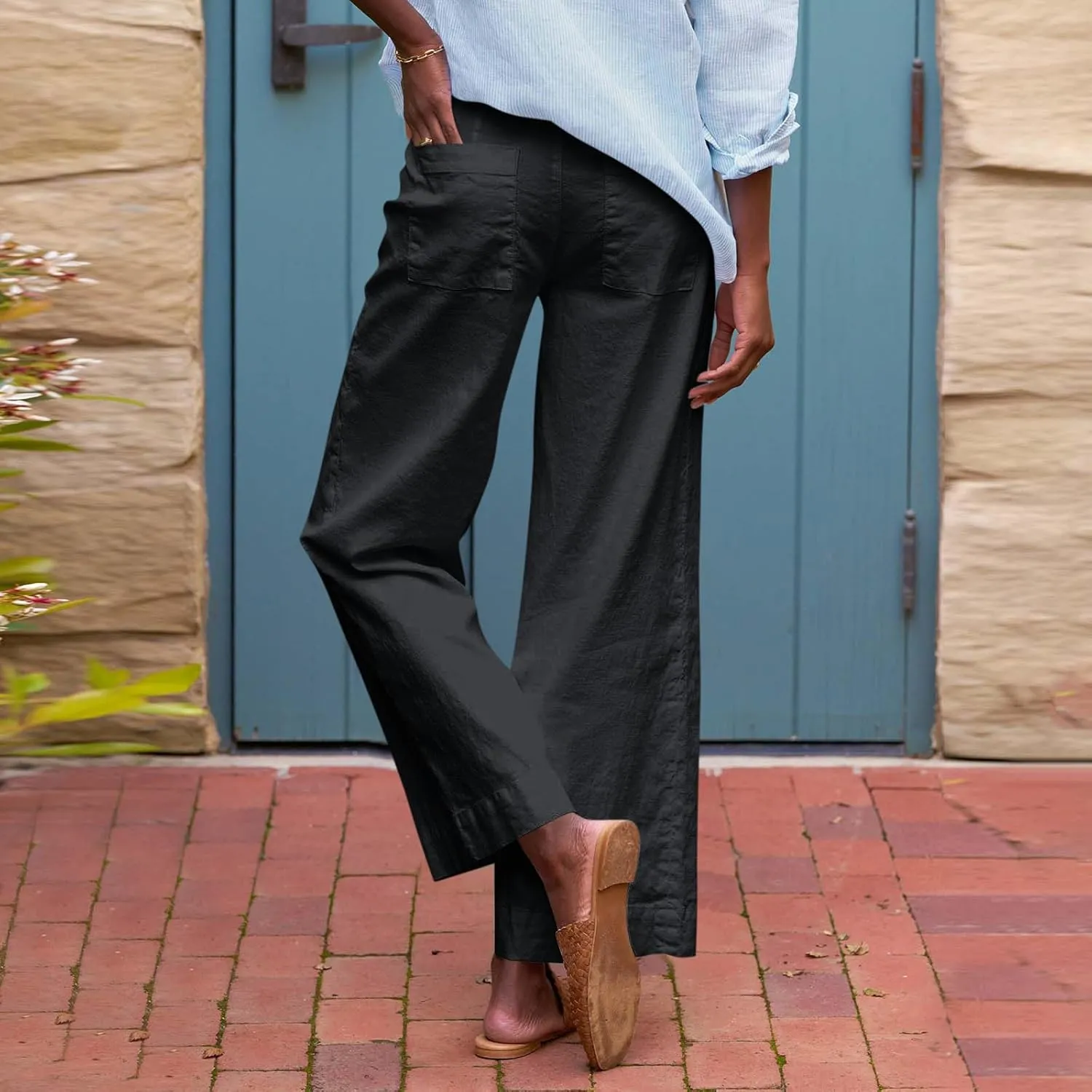 Summer Pants for Women Trendy Linen Elastic Vacation Beach Pants Wide Leg High Rise Solid Trendy Trousers with Pockets