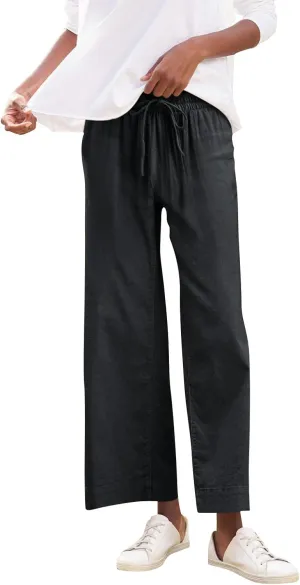 Summer Pants for Women Trendy Linen Elastic Vacation Beach Pants Wide Leg High Rise Solid Trendy Trousers with Pockets