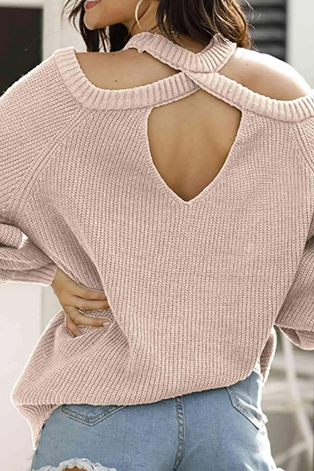 Warm Fashion Cold Shoulder Open Back Knit Sweater