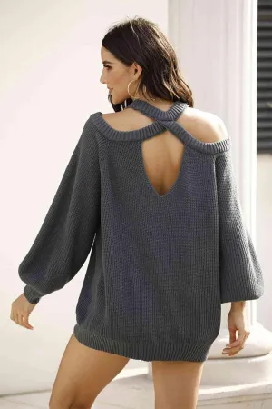 Warm Fashion Cold Shoulder Open Back Knit Sweater