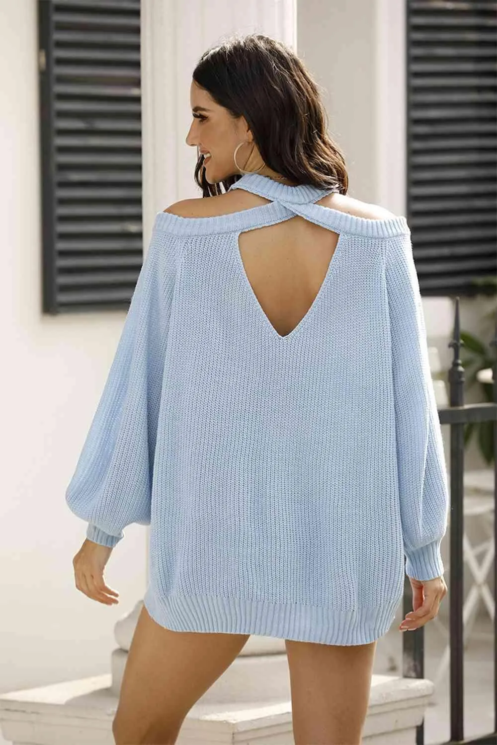 Warm Fashion Cold Shoulder Open Back Knit Sweater