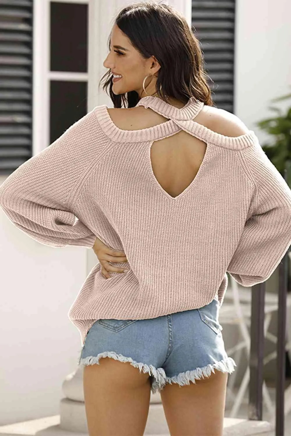 Warm Fashion Cold Shoulder Open Back Knit Sweater