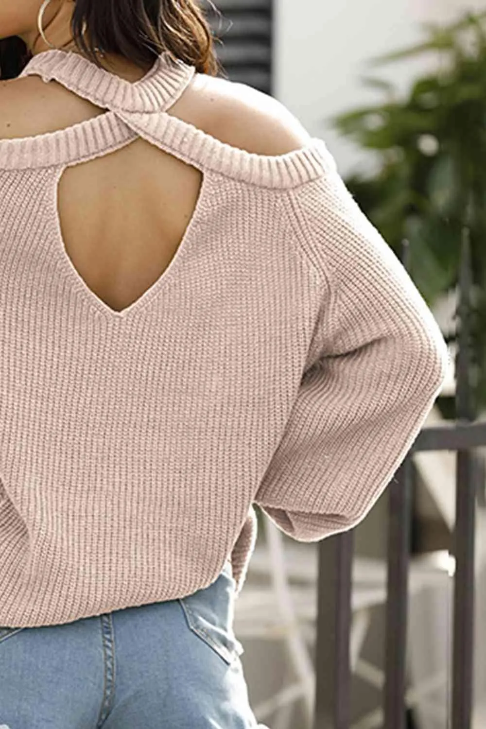 Warm Fashion Cold Shoulder Open Back Knit Sweater