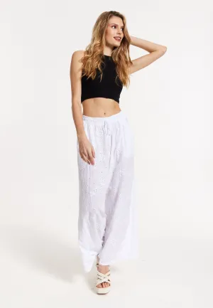 White Embroidered Wide Leg Trousers